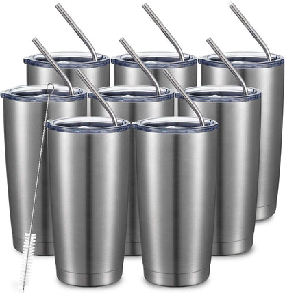 20oz Stainless Steel Tumbler Bulk Double Wall Vacuum Coffee Cup Insulated Travel Mug with Lid and Straw Durable Powder Coated Insulated Coffee Cup for Cold & Hot Drinks (silver, 4 pack