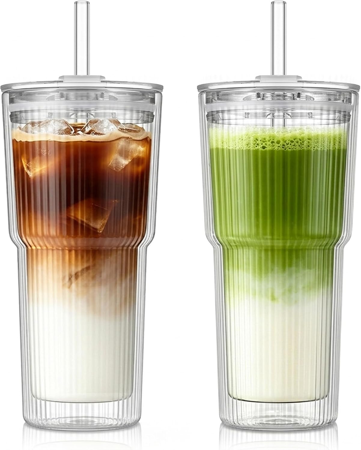2PCS 20oz Double Wall Ribbed Glass Cups with Lids and Straws, Insulated Borosilicate Glass Tumblers, Heat-Resistant, leak-proof Design for Iced Coffee, Tea, Juice, Reusable for Home & Parties