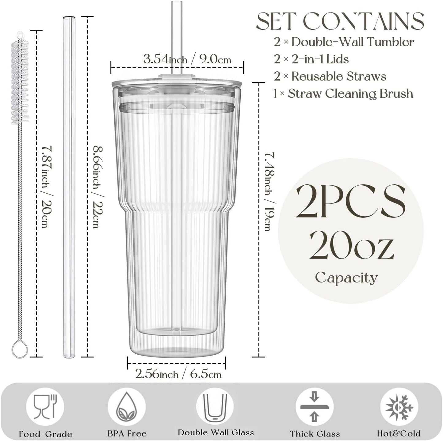 2PCS 20oz Double Wall Ribbed Glass Cups with Lids and Straws, Insulated Borosilicate Glass Tumblers, Heat-Resistant, leak-proof Design for Iced Coffee, Tea, Juice, Reusable for Home & Parties