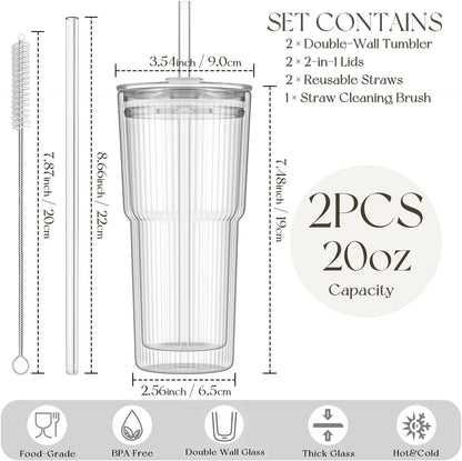 2PCS 20oz Double Wall Ribbed Glass Cups with Lids and Straws, Insulated Borosilicate Glass Tumblers, Heat-Resistant, leak-proof Design for Iced Coffee, Tea, Juice, Reusable for Home & Parties