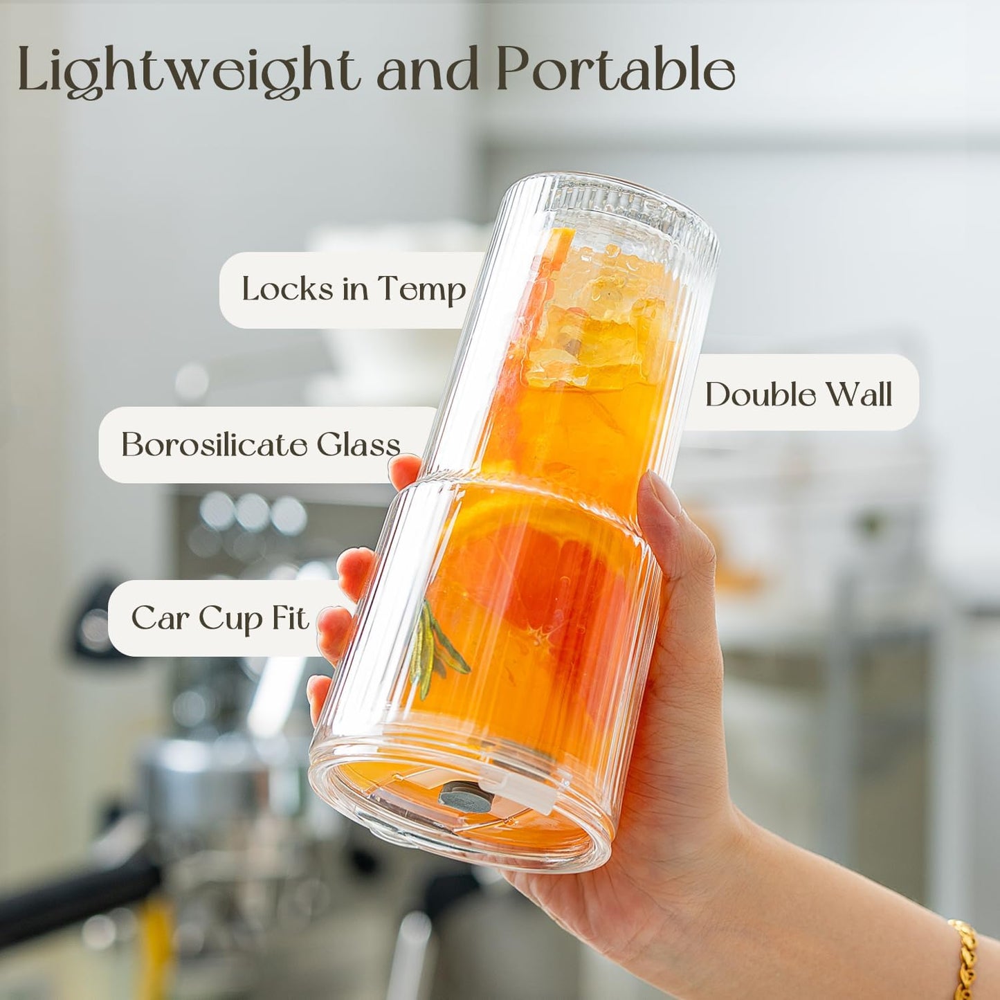 2PCS 20oz Double Wall Ribbed Glass Cups with Lids and Straws, Insulated Borosilicate Glass Tumblers, Heat-Resistant, leak-proof Design for Iced Coffee, Tea, Juice, Reusable for Home & Parties