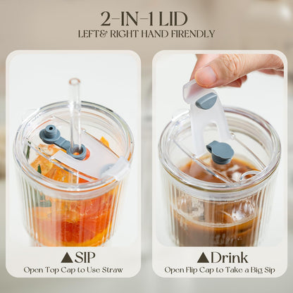 2PCS 20oz Double Wall Ribbed Glass Cups with Lids and Straws, Insulated Borosilicate Glass Tumblers, Heat-Resistant, leak-proof Design for Iced Coffee, Tea, Juice, Reusable for Home & Parties