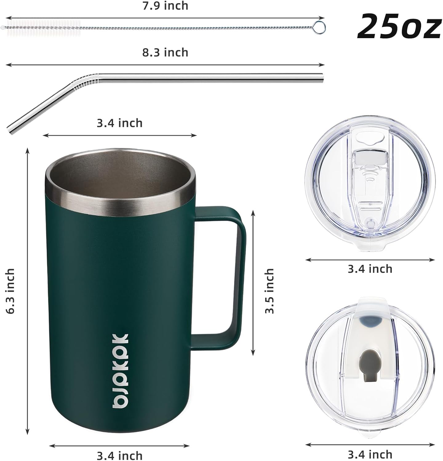 25oz Insulated Coffee Mug with Handle, Stainless Steel Travel Mug | Keeps Drinks Hot & Cold, Double Wall Vacuum, 2 Lids Included, BPA-Free Coffee Tumbler for Home, Office & Travel