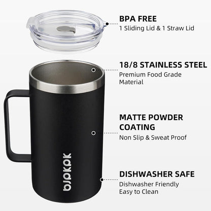 25oz Insulated Coffee Mug with Handle, Stainless Steel Travel Mug | Keeps Drinks Hot & Cold, Double Wall Vacuum, 2 Lids Included, BPA-Free Coffee Tumbler for Home, Office & Travel