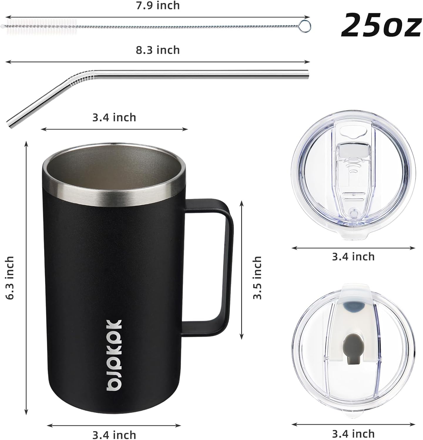 25oz Insulated Coffee Mug with Handle, Stainless Steel Travel Mug | Keeps Drinks Hot & Cold, Double Wall Vacuum, 2 Lids Included, BPA-Free Coffee Tumbler for Home, Office & Travel