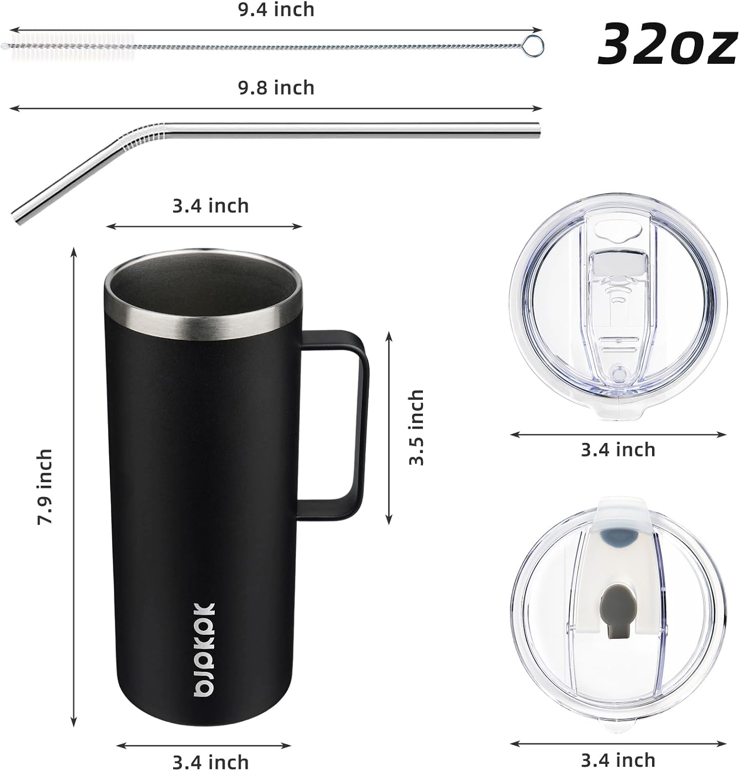 25oz Insulated Coffee Mug with Handle, Stainless Steel Travel Mug | Keeps Drinks Hot & Cold, Double Wall Vacuum, 2 Lids Included, BPA-Free Coffee Tumbler for Home, Office & Travel