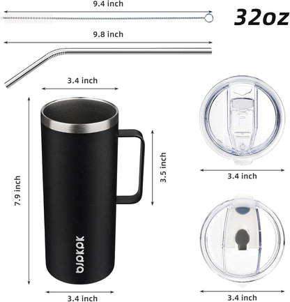 25oz Insulated Coffee Mug with Handle, Stainless Steel Travel Mug | Keeps Drinks Hot & Cold, Double Wall Vacuum, 2 Lids Included, BPA-Free Coffee Tumbler for Home, Office & Travel