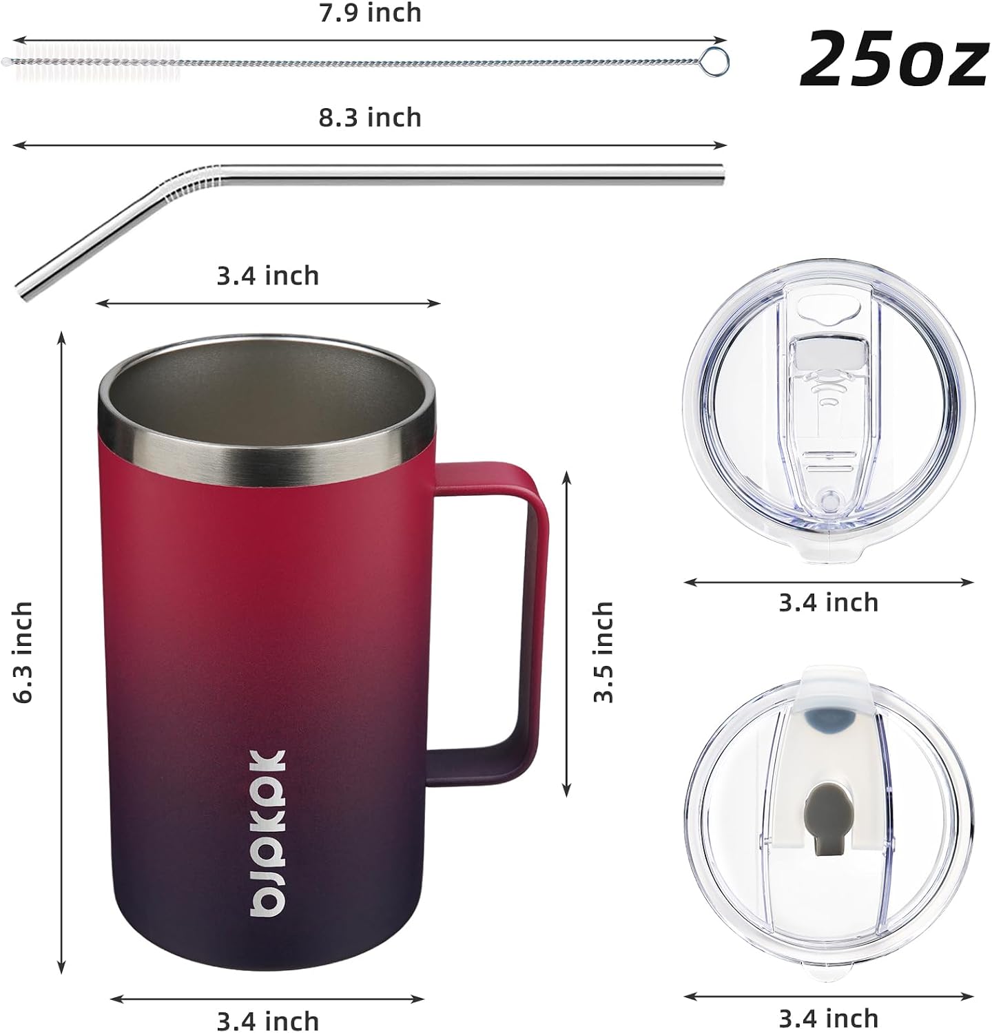 25oz Insulated Coffee Mug with Handle, Stainless Steel Travel Mug | Keeps Drinks Hot & Cold, Double Wall Vacuum, 2 Lids Included, BPA-Free Coffee Tumbler for Home, Office & Travel