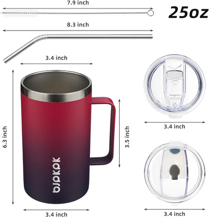 25oz Insulated Coffee Mug with Handle, Stainless Steel Travel Mug | Keeps Drinks Hot & Cold, Double Wall Vacuum, 2 Lids Included, BPA-Free Coffee Tumbler for Home, Office & Travel