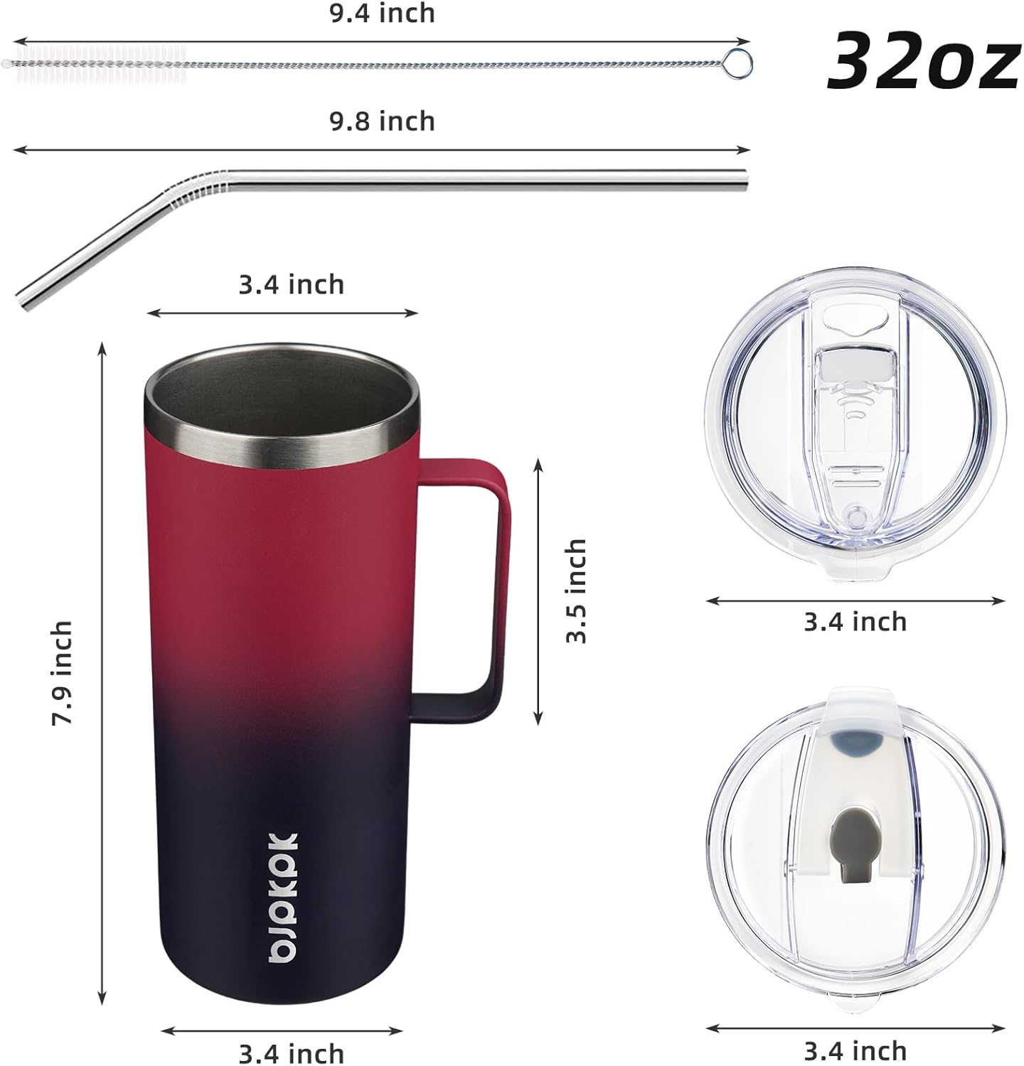 25oz Insulated Coffee Mug with Handle, Stainless Steel Travel Mug | Keeps Drinks Hot & Cold, Double Wall Vacuum, 2 Lids Included, BPA-Free Coffee Tumbler for Home, Office & Travel