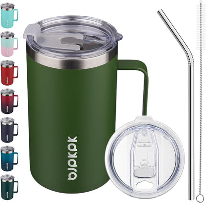 25oz Insulated Coffee Mug with Handle, Stainless Steel Travel Mug | Keeps Drinks Hot & Cold, Double Wall Vacuum, 2 Lids Included, BPA-Free Coffee Tumbler for Home, Office & Travel