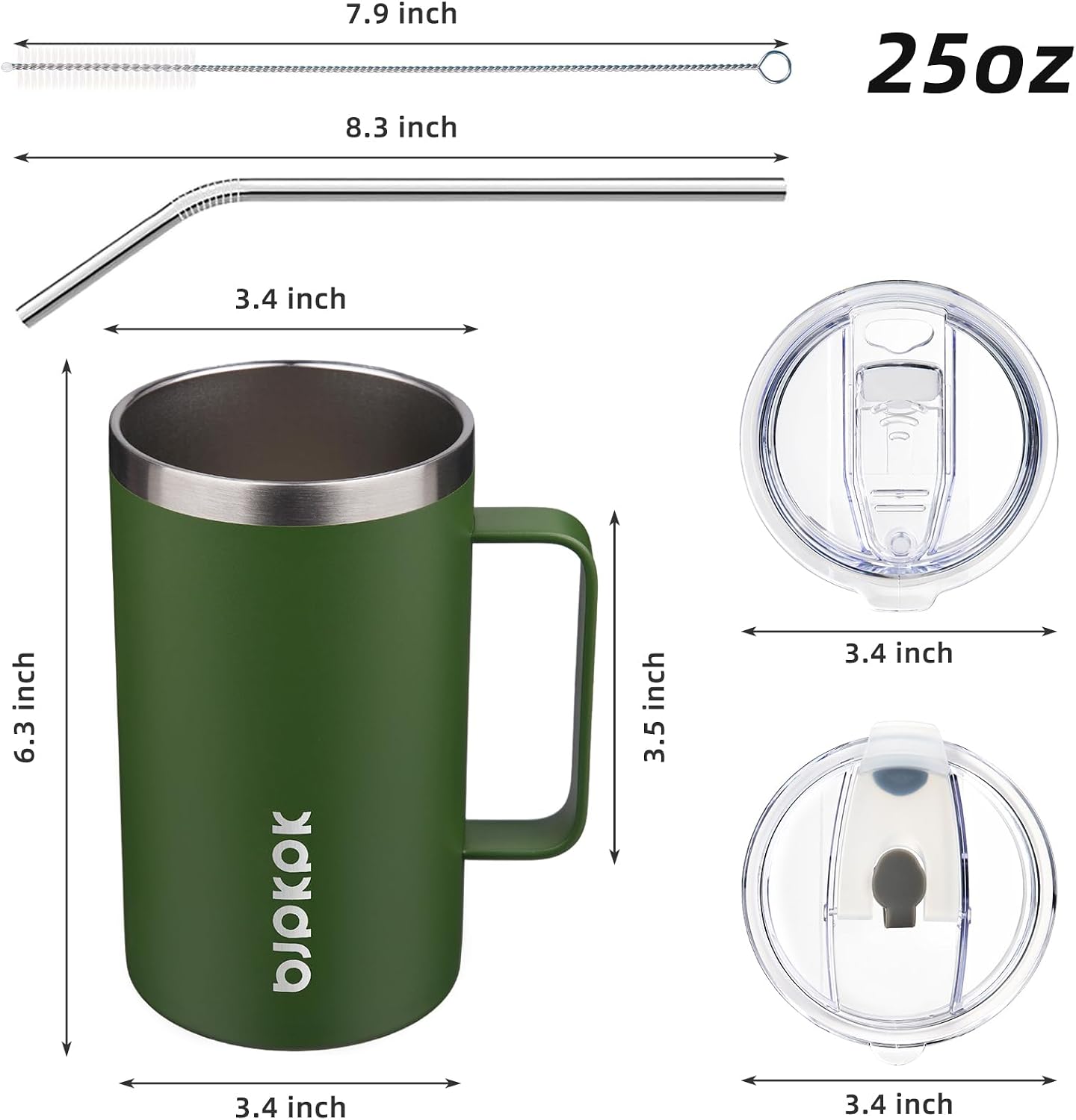 25oz Insulated Coffee Mug with Handle, Stainless Steel Travel Mug | Keeps Drinks Hot & Cold, Double Wall Vacuum, 2 Lids Included, BPA-Free Coffee Tumbler for Home, Office & Travel