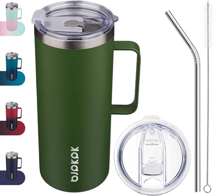 25oz Insulated Coffee Mug with Handle, Stainless Steel Travel Mug | Keeps Drinks Hot & Cold, Double Wall Vacuum, 2 Lids Included, BPA-Free Coffee Tumbler for Home, Office & Travel