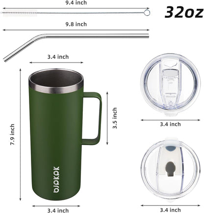 25oz Insulated Coffee Mug with Handle, Stainless Steel Travel Mug | Keeps Drinks Hot & Cold, Double Wall Vacuum, 2 Lids Included, BPA-Free Coffee Tumbler for Home, Office & Travel