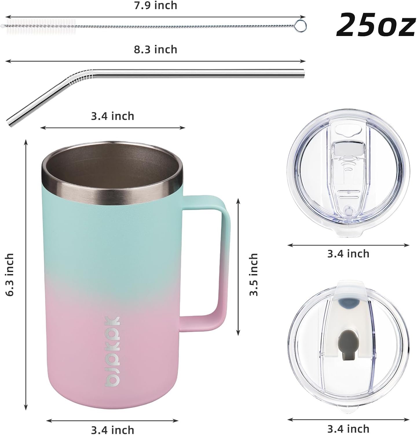25oz Insulated Coffee Mug with Handle, Stainless Steel Travel Mug | Keeps Drinks Hot & Cold, Double Wall Vacuum, 2 Lids Included, BPA-Free Coffee Tumbler for Home, Office & Travel