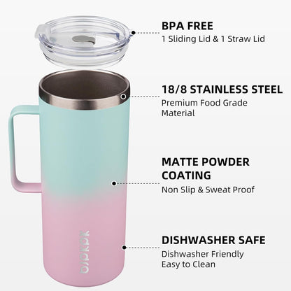 25oz Insulated Coffee Mug with Handle, Stainless Steel Travel Mug | Keeps Drinks Hot & Cold, Double Wall Vacuum, 2 Lids Included, BPA-Free Coffee Tumbler for Home, Office & Travel