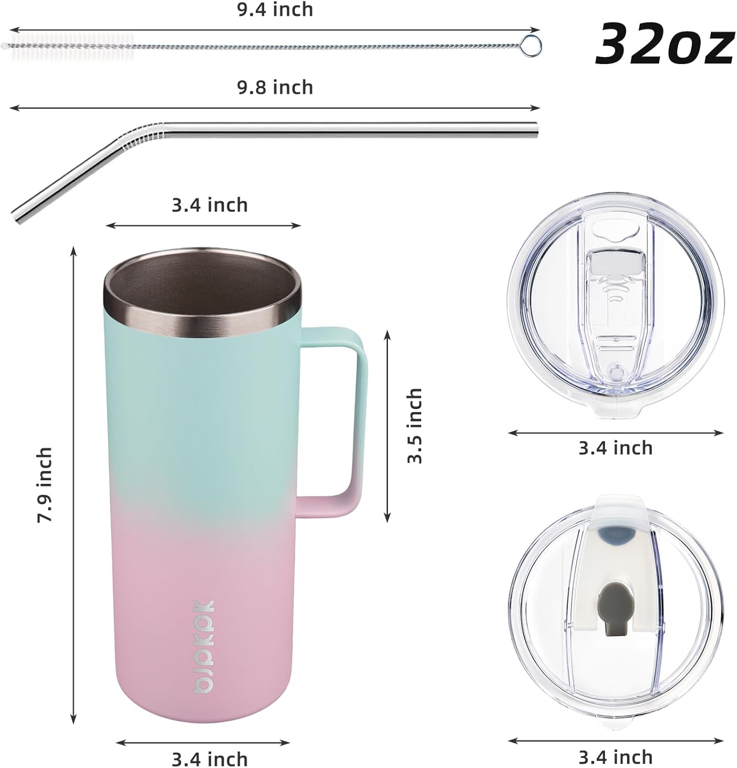 25oz Insulated Coffee Mug with Handle, Stainless Steel Travel Mug | Keeps Drinks Hot & Cold, Double Wall Vacuum, 2 Lids Included, BPA-Free Coffee Tumbler for Home, Office & Travel