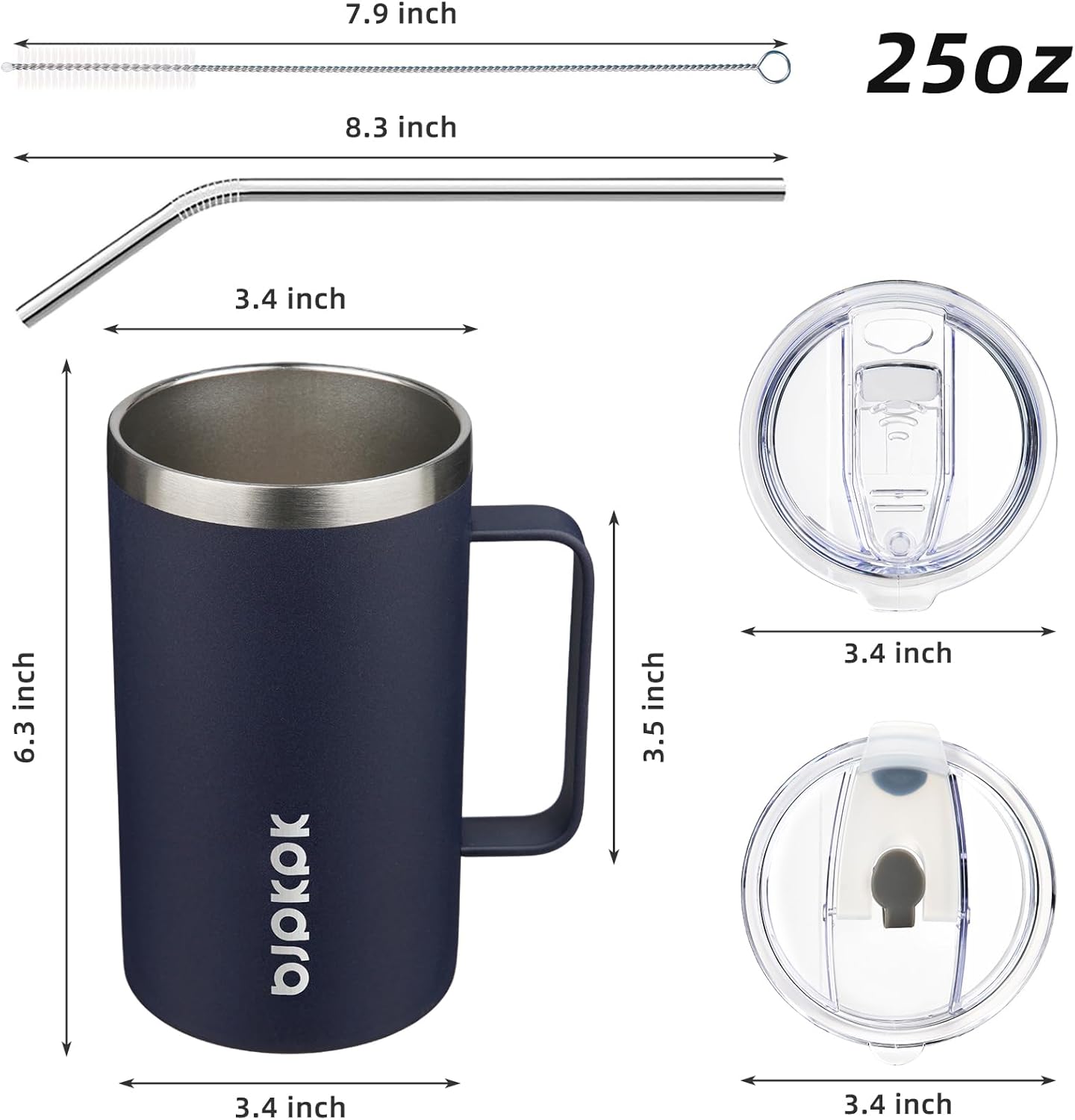 25oz Insulated Coffee Mug with Handle, Stainless Steel Travel Mug | Keeps Drinks Hot & Cold, Double Wall Vacuum, 2 Lids Included, BPA-Free Coffee Tumbler for Home, Office & Travel