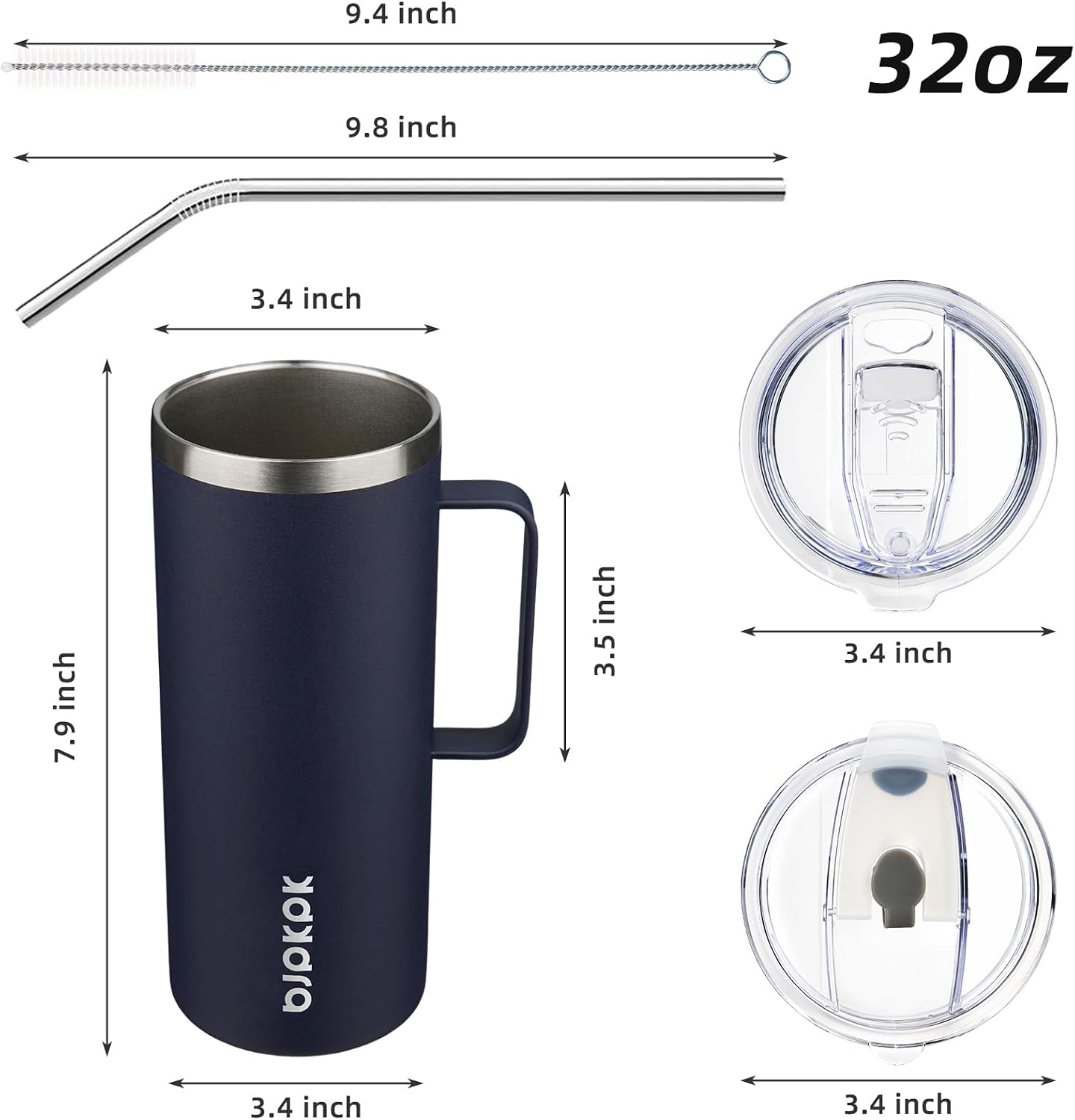 25oz Insulated Coffee Mug with Handle, Stainless Steel Travel Mug | Keeps Drinks Hot & Cold, Double Wall Vacuum, 2 Lids Included, BPA-Free Coffee Tumbler for Home, Office & Travel