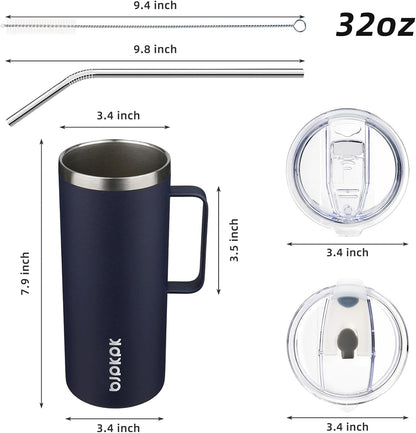 25oz Insulated Coffee Mug with Handle, Stainless Steel Travel Mug | Keeps Drinks Hot & Cold, Double Wall Vacuum, 2 Lids Included, BPA-Free Coffee Tumbler for Home, Office & Travel