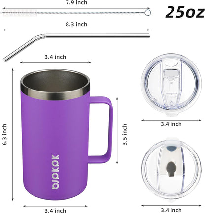 25oz Insulated Coffee Mug with Handle, Stainless Steel Travel Mug | Keeps Drinks Hot & Cold, Double Wall Vacuum, 2 Lids Included, BPA-Free Coffee Tumbler for Home, Office & Travel