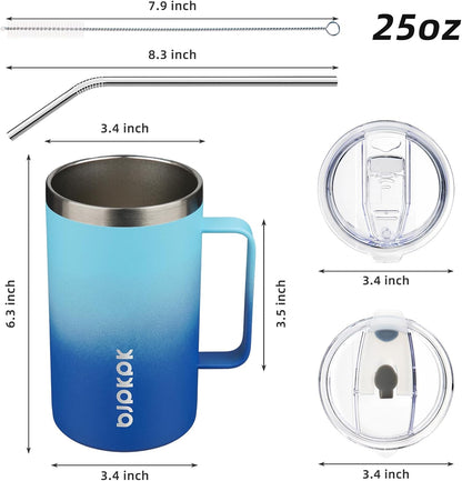 25oz Insulated Coffee Mug with Handle, Stainless Steel Travel Mug | Keeps Drinks Hot & Cold, Double Wall Vacuum, 2 Lids Included, BPA-Free Coffee Tumbler for Home, Office & Travel