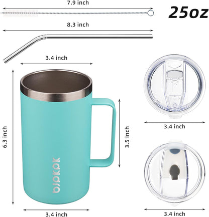 25oz Insulated Coffee Mug with Handle, Stainless Steel Travel Mug | Keeps Drinks Hot & Cold, Double Wall Vacuum, 2 Lids Included, BPA-Free Coffee Tumbler for Home, Office & Travel