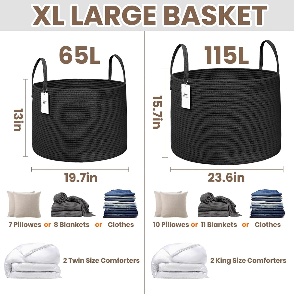 65L Extra Large Machine Washable Cotton Rope Blanket Basket