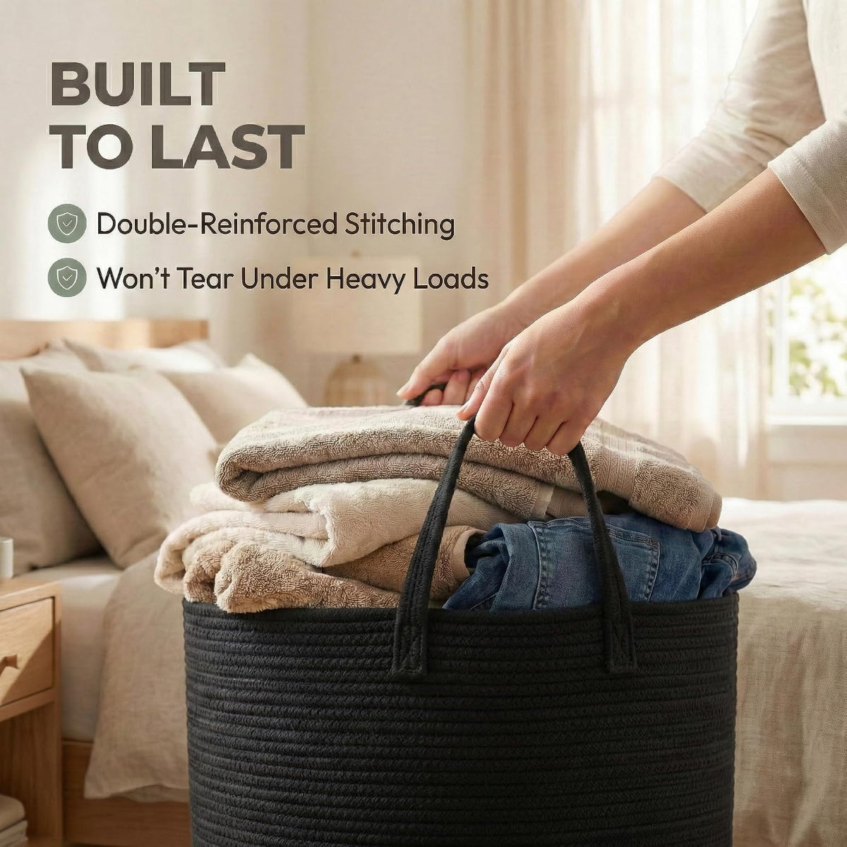 65L Extra Large Machine Washable Cotton Rope Blanket Basket