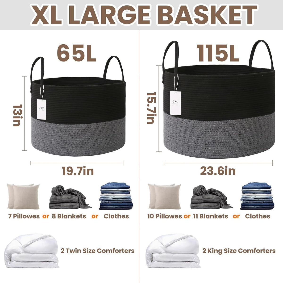 65L Extra Large Machine Washable Cotton Rope Blanket Basket