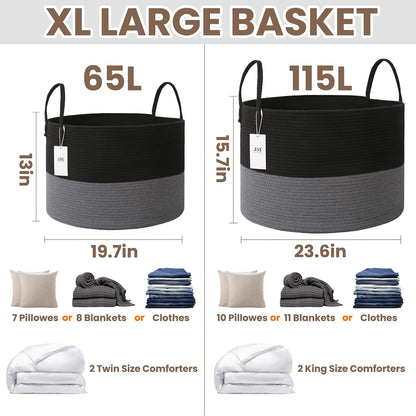 65L Extra Large Machine Washable Cotton Rope Blanket Basket