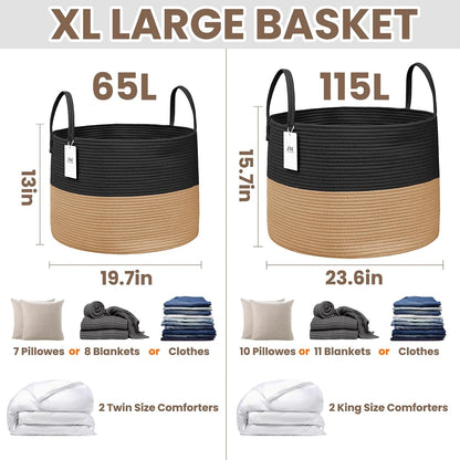 65L Extra Large Machine Washable Cotton Rope Blanket Basket