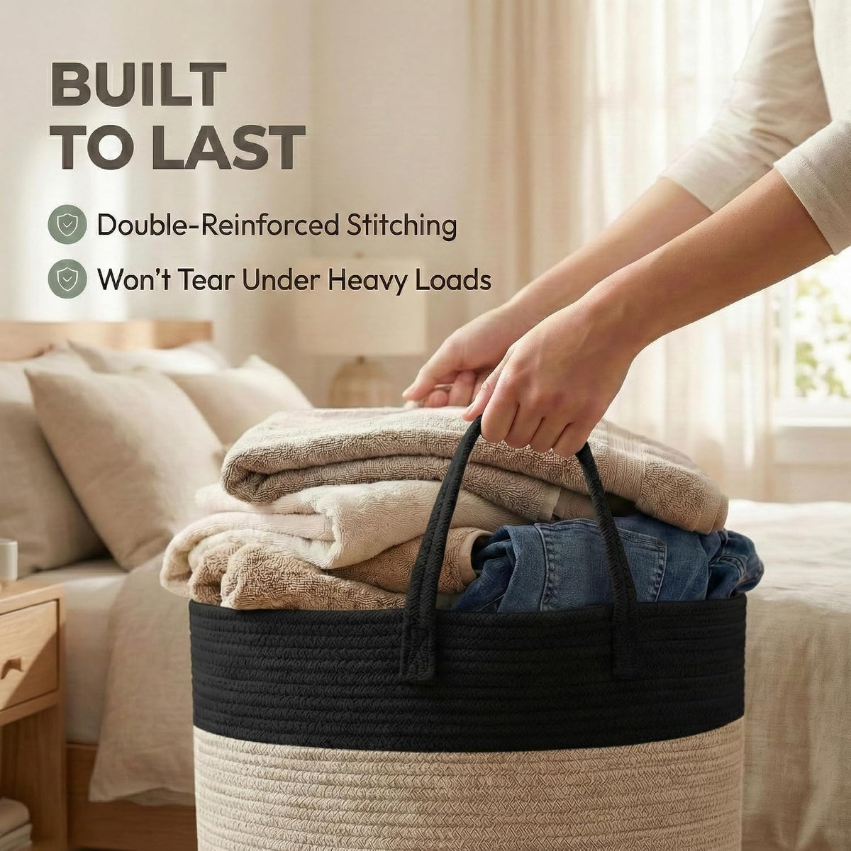 65L Extra Large Machine Washable Cotton Rope Blanket Basket