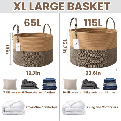 65L Extra Large Machine Washable Cotton Rope Blanket Basket