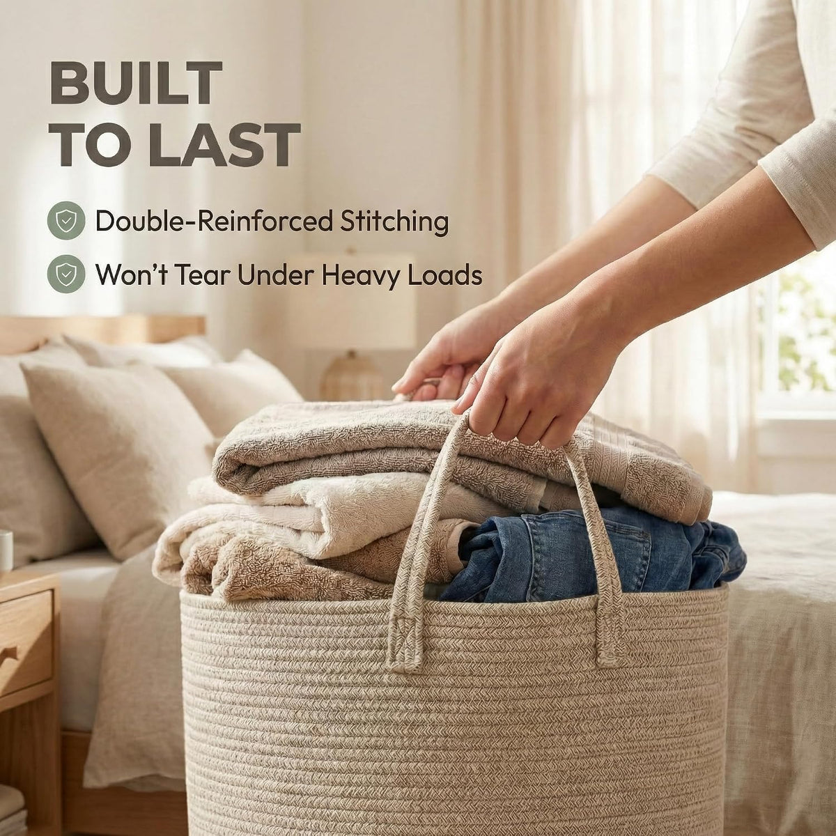 65L Extra Large Machine Washable Cotton Rope Blanket Basket