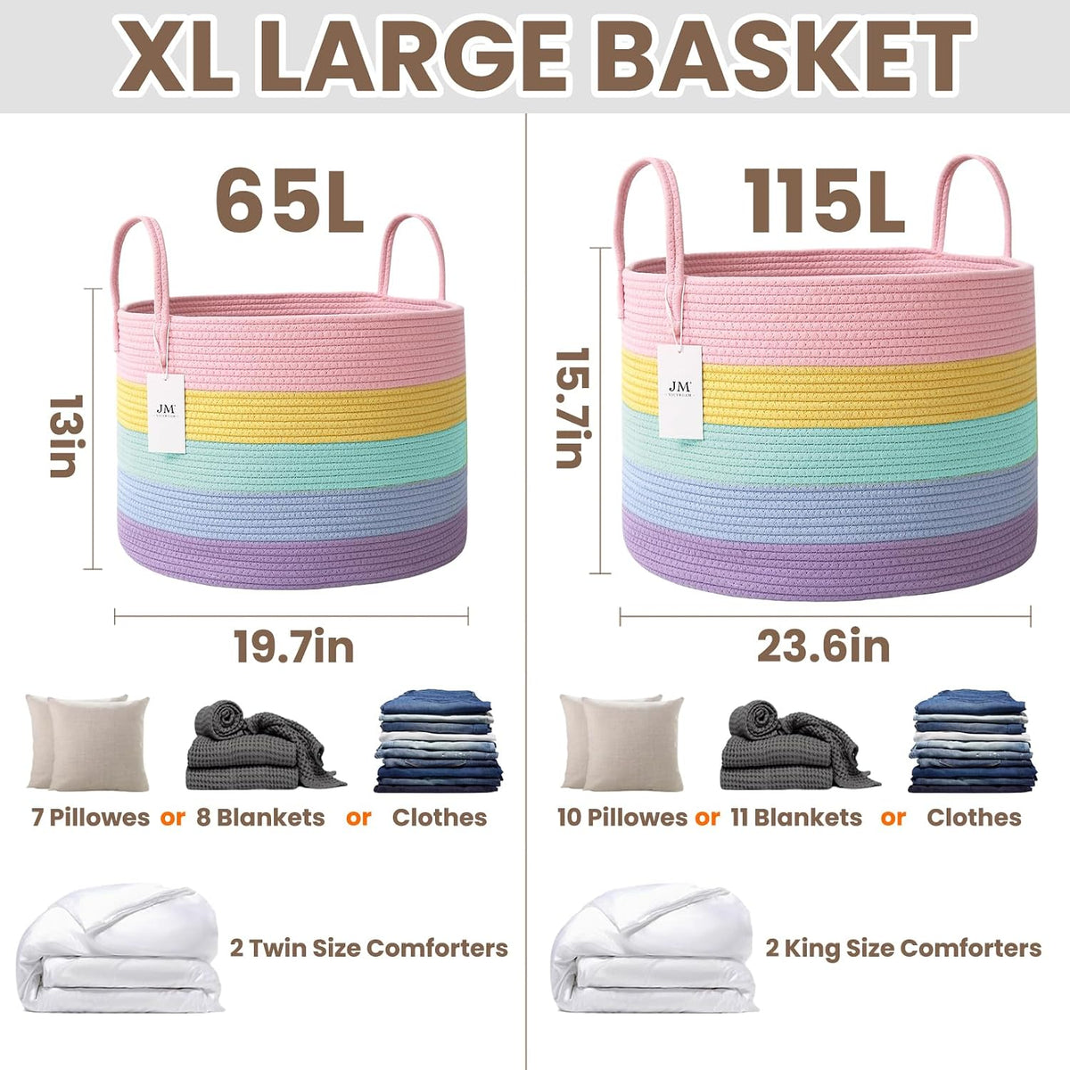 65L Extra Large Machine Washable Cotton Rope Blanket Basket