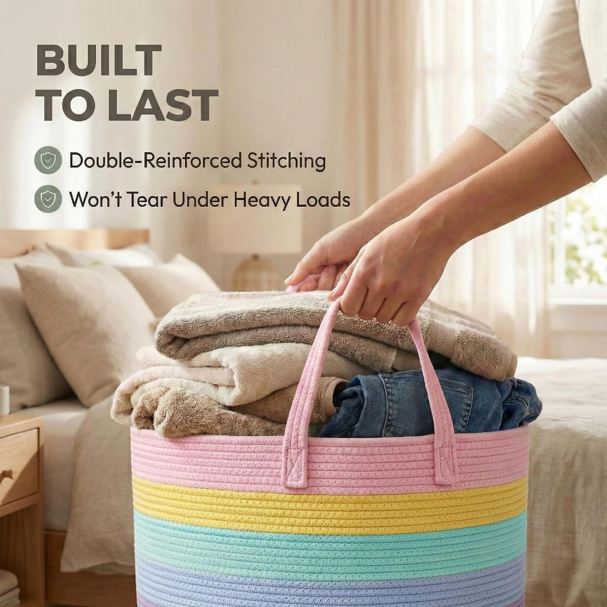 65L Extra Large Machine Washable Cotton Rope Blanket Basket