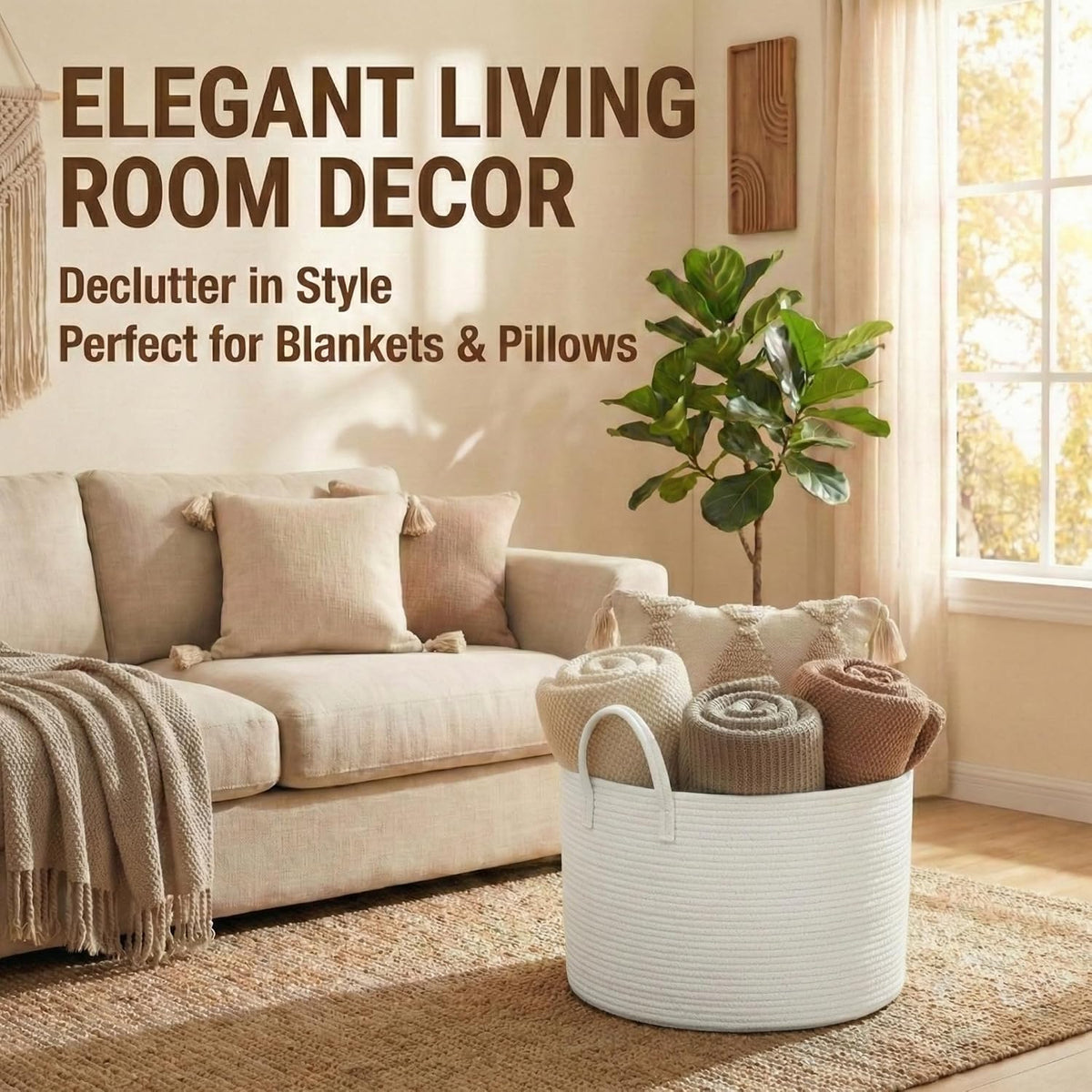65L Extra Large Machine Washable Cotton Rope Blanket Basket