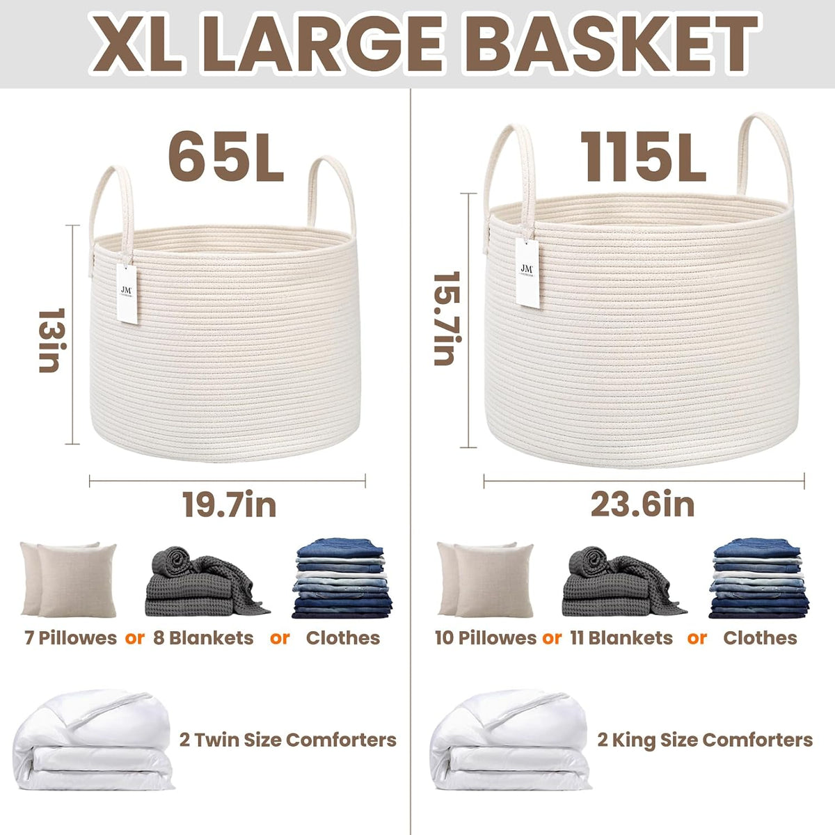 65L Extra Large Machine Washable Cotton Rope Blanket Basket