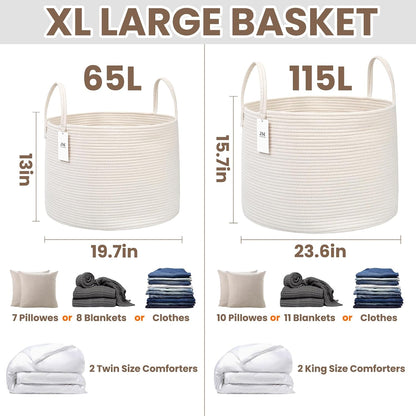 65L Extra Large Machine Washable Cotton Rope Blanket Basket
