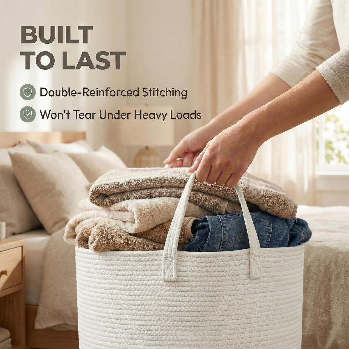 65L Extra Large Machine Washable Cotton Rope Blanket Basket