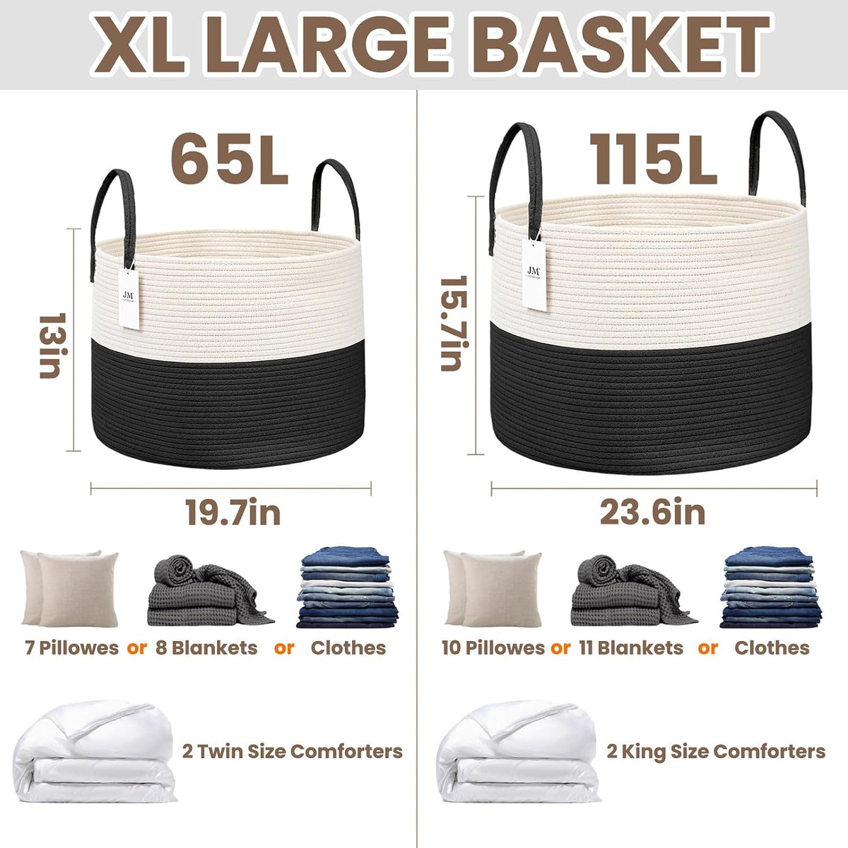65L Extra Large Machine Washable Cotton Rope Blanket Basket