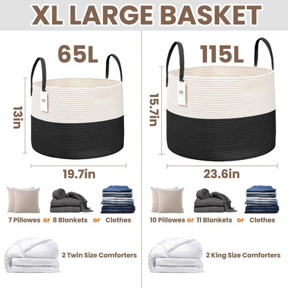 65L Extra Large Machine Washable Cotton Rope Blanket Basket