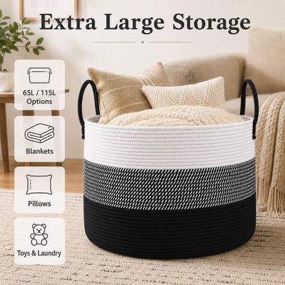 65L Extra Large Machine Washable Cotton Rope Blanket Basket