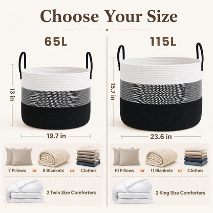 65L Extra Large Machine Washable Cotton Rope Blanket Basket