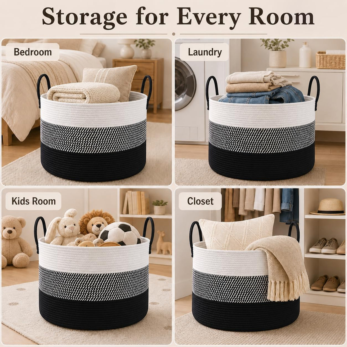 65L Extra Large Machine Washable Cotton Rope Blanket Basket