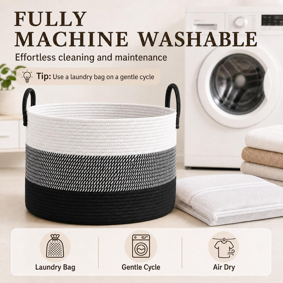 65L Extra Large Machine Washable Cotton Rope Blanket Basket