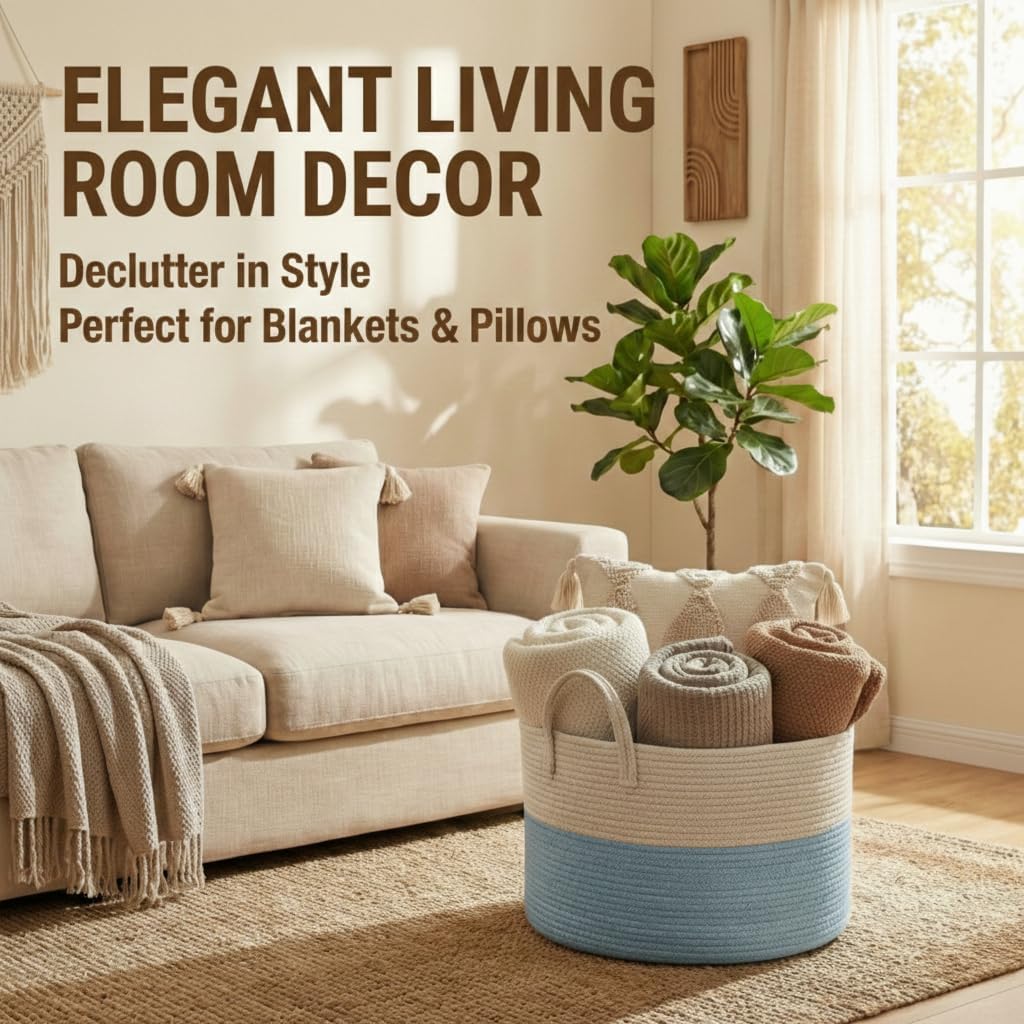 65L Extra Large Machine Washable Cotton Rope Blanket Basket