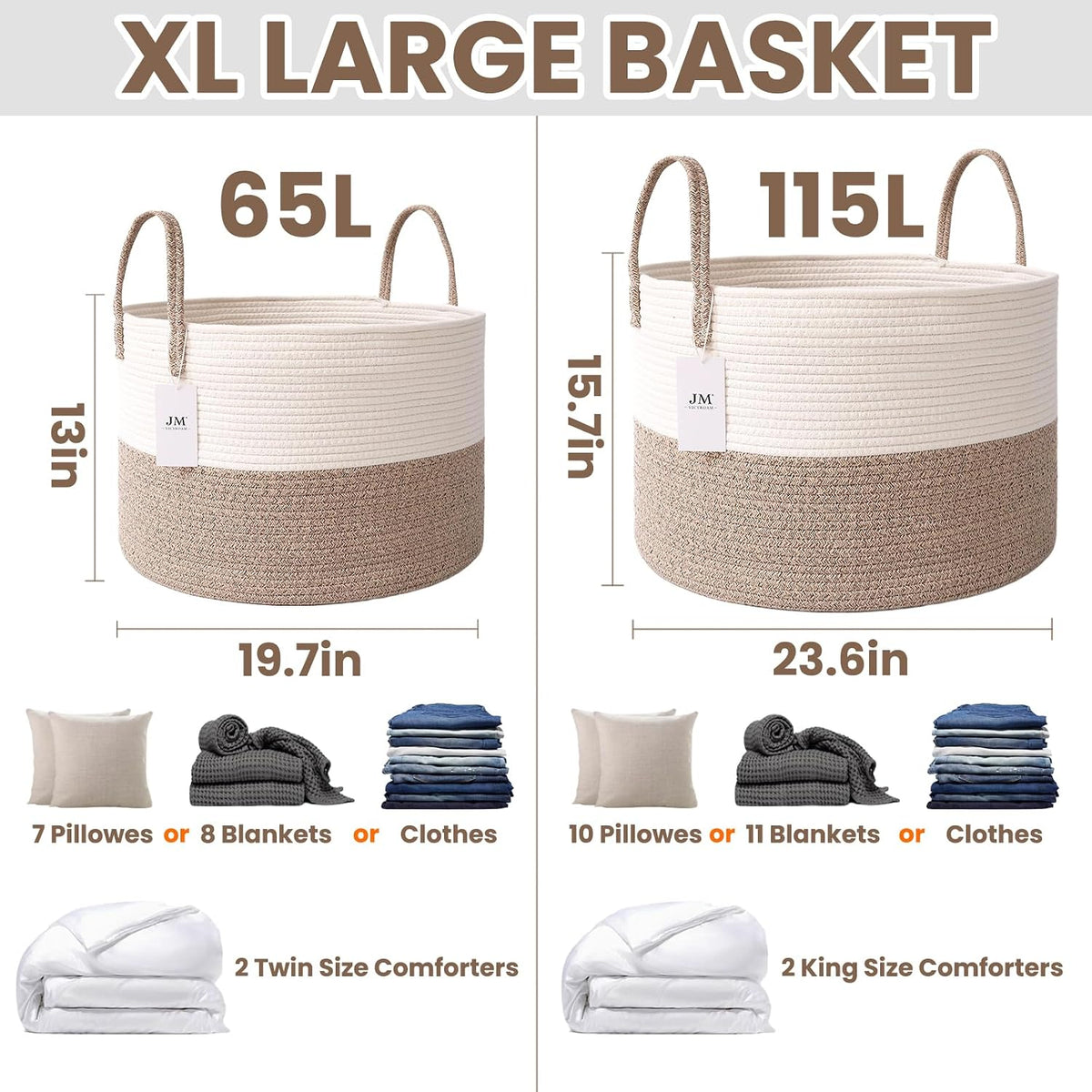 65L Extra Large Machine Washable Cotton Rope Blanket Basket