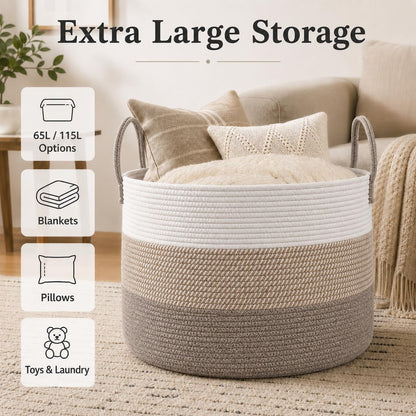 65L Extra Large Machine Washable Cotton Rope Blanket Basket